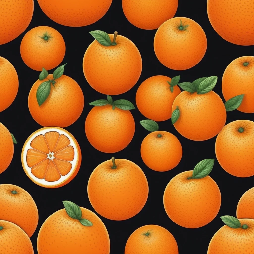 realistic orange, Black background, cartoon style