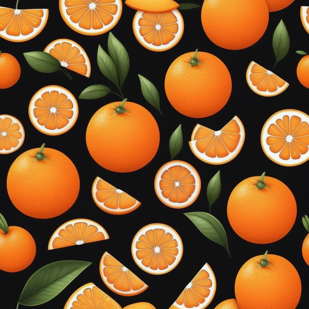 realistic orange, Black background, cartoon style