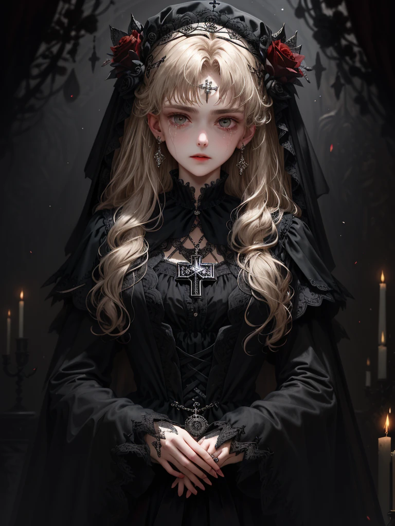 HighestQuali,tmasterpiece:1.2,Detailed details,1 Gothic girl,Crying face,Black wedding dress,Gorgeous headdress,Bust,Rose,うつむく泣き顔 flower,crosses,silver ornaments、brunette color hair、redheadwear、blond hairbl、paleskin、Black lipstick and eye shadow,Accessories include the Cross Medal,pentacle,crosses,cloaks,Shawl,sexly,chies,a lit candle,Requiem,Red Rose
