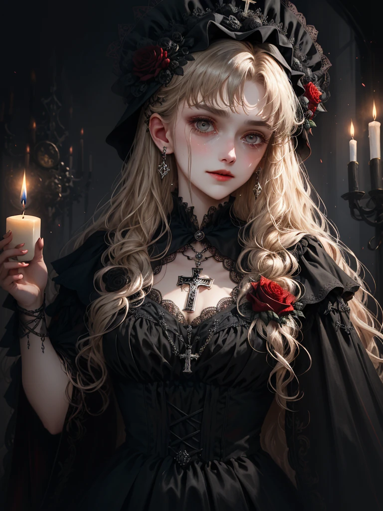 HighestQuali,tmasterpiece:1.2,Detailed details,1 Gothic girl,Crying face,Black wedding dress,Gorgeous headdress,Bust,Rose,うつむく泣き顔 flower,crosses,silver ornaments、brunette color hair、redheadwear、blond hairbl、paleskin、Black lipstick and eye shadow,Accessories include the Cross Medal,pentacle,crosses,cloaks,Shawl,sexly,chies,a lit candle,Requiem,Red Rose