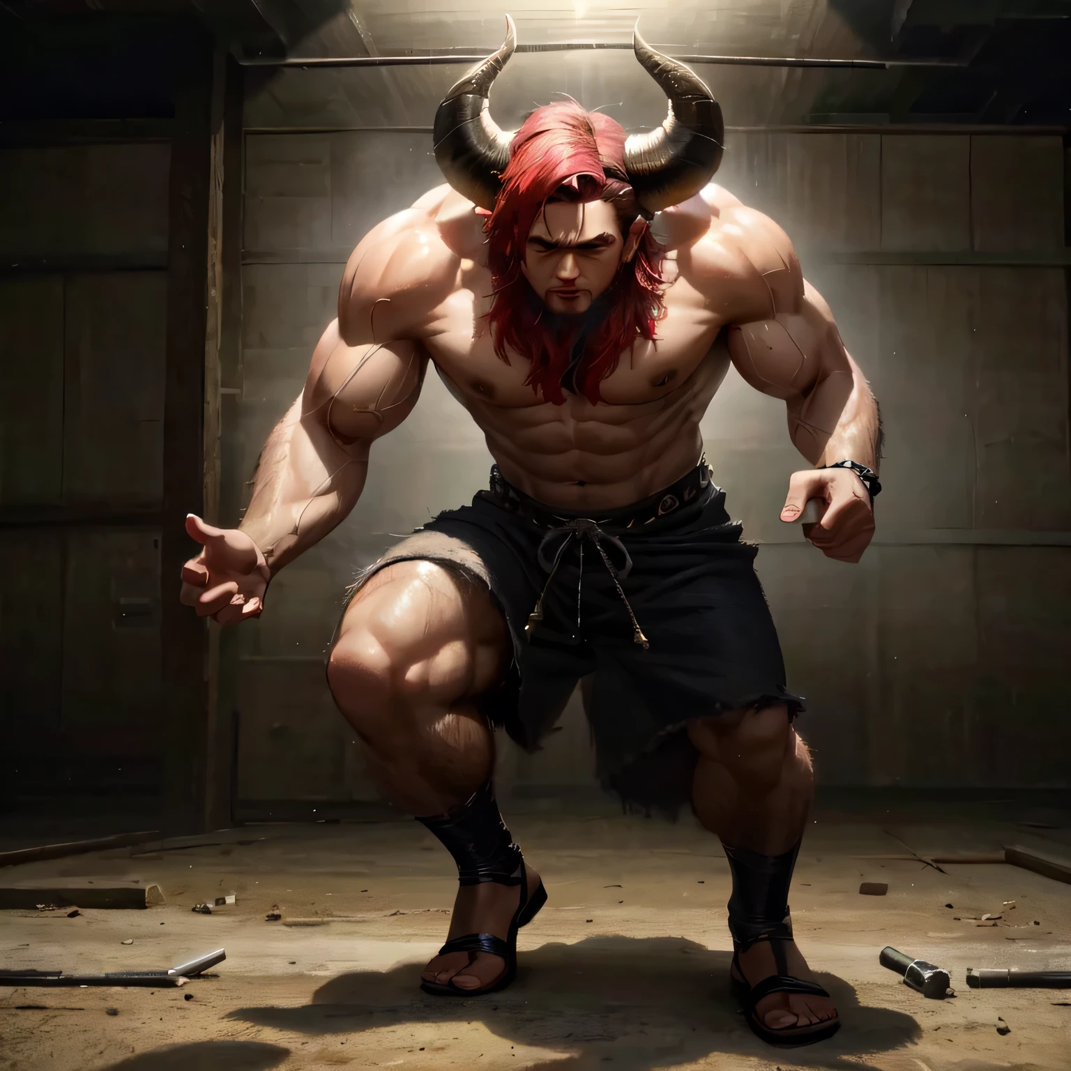 muscular man with bull horns on head, 25 years old, full body, in prison, strong man, anime style, (best quality,4k,8k,highres,masterpiece:1.2),ultra-detailed,(realistic,photorealistic,photo-realistic:1.37),hyperrealistic,dynamic pose,dramatic lighting,intricate details,vivid colors,cinematic composition