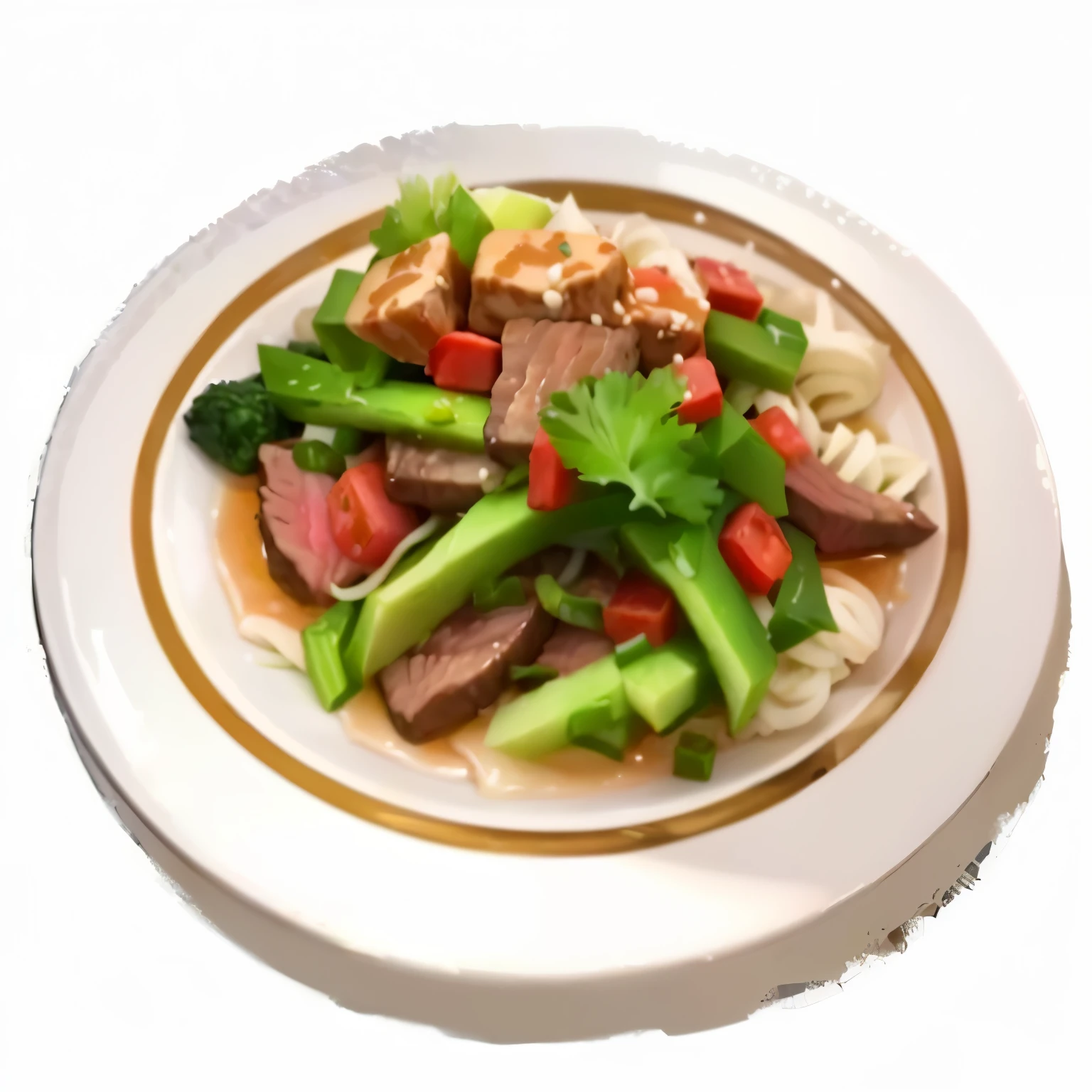 There is a plate of food,It has meat and vegetables on top, 2 d cg, hua cheng, Chinese, Sauce, steak, bian lian, tasty, Tang Mo, Pan Renwei Style, sha xi, gujian, g liulian art style, Hyper-realistic food pictures, feast, su fu, Popular photos, qiangshu, gourmet food