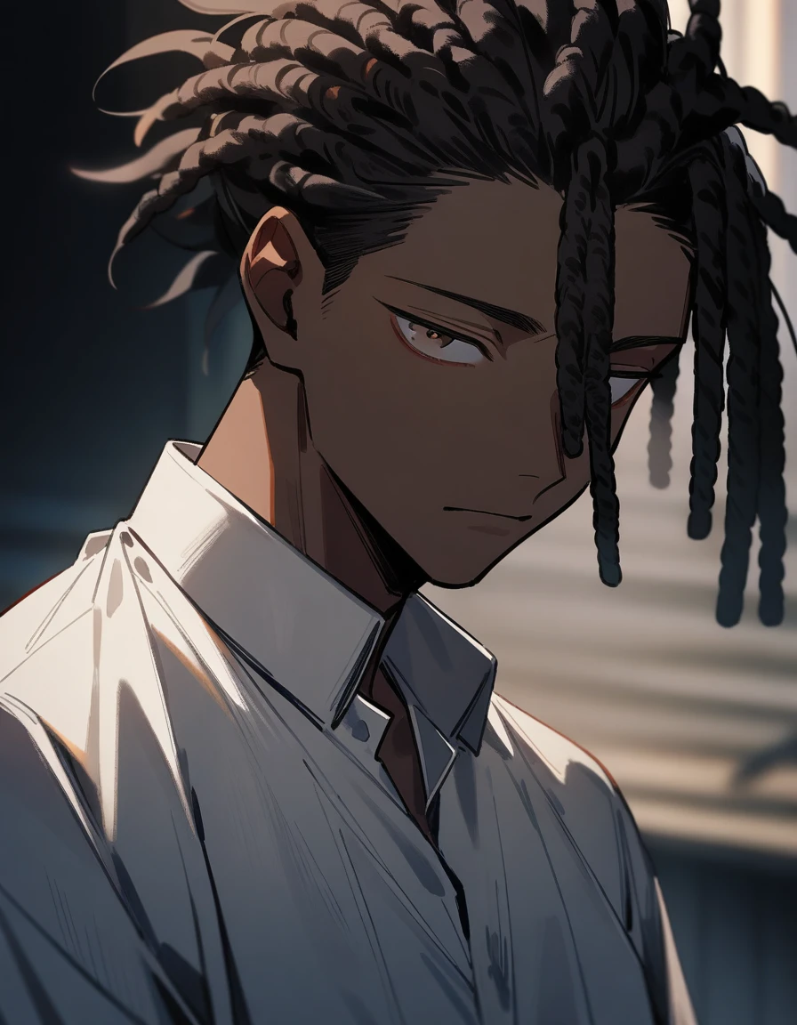 (1boy,jujutsu kaisen) solo, (white dress shirt), (brown skin color), messy look, black hair, ((dreadlock hairstyle)), brown eyes, masterpiece, best quality, high quality, upper body, male focus, eye bags, 17 year old