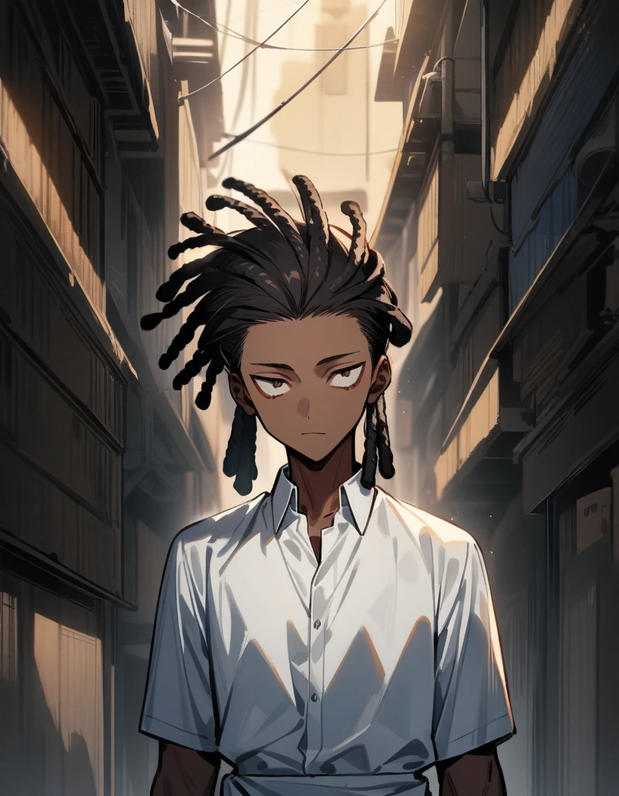 (1boy,jujutsu kaisen) solo, (white dress shirt), (brown skin color), messy look, black hair, ((dreadlock hairstyle)), brown eyes, masterpiece, best quality, high quality, upper body, male focus, eye bags, 17 year old