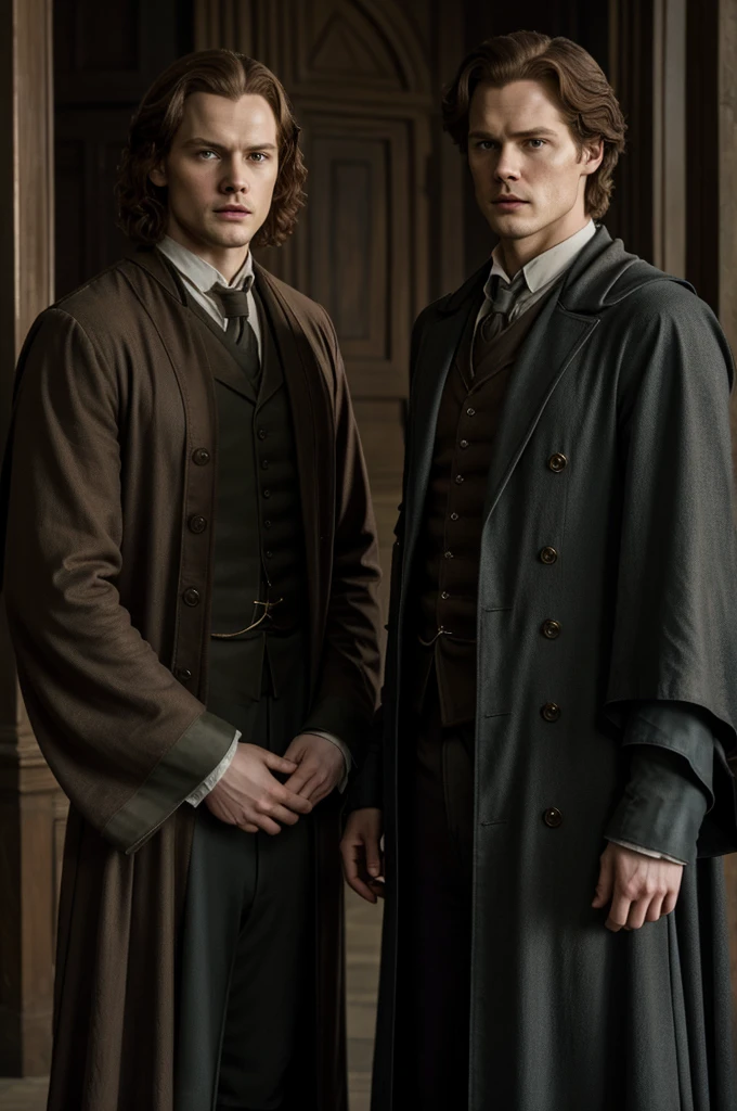 Image of the actors Sam Heughan and David Berry characterized as the fictional characters Albus Dumbledore and Gellert Grindelwa