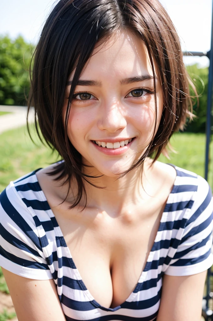 Top quality, 1 beautiful woman, super short Hair, gold hair, wearing Striped Shirt, Giddy Smile, Natural Light, at park