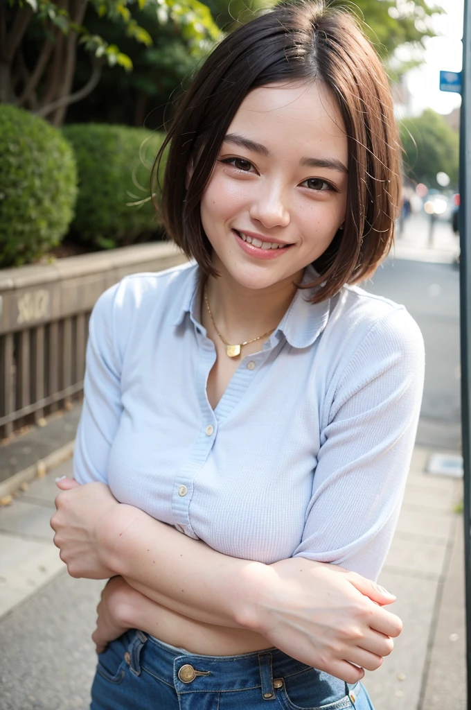 Top quality, 1 beautiful woman, super short Hair, gold hair, wearing Striped Shirt, Giddy Smile, Natural Light, at park 