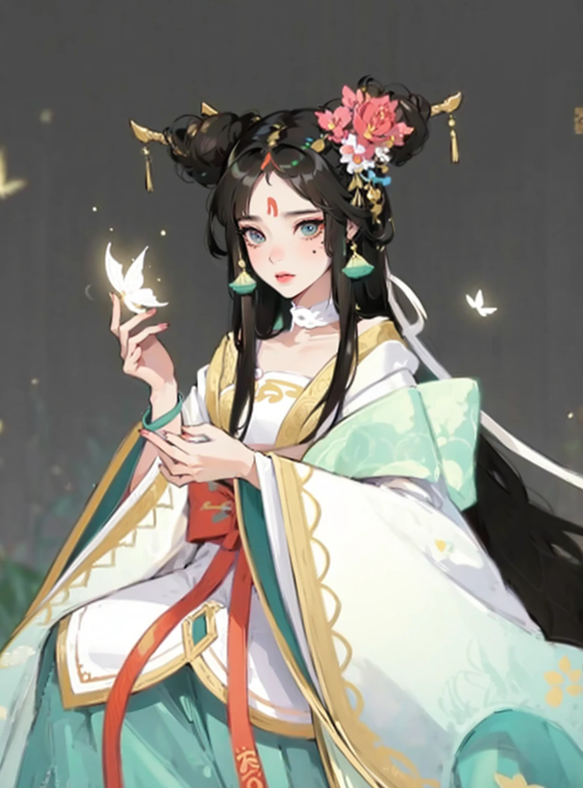 Women wearing Hanfu,cartoon,Glowing Butterfly,Black long hair,Cover, Four major Chinese folk tales, White Snake, Baishaden, flat design, Vector illustration, Icon, 详细的 2d 插图, Flat illustration, Digital Illustration, The art of math,looking up the camera, beautiful younger 16years girl, The Chang'e Fairy, with a gold headpin, a pretty face, a long, light dark green dress, and a fairy-like air, immortal and full of mystery, immortal, Ink and watercolour character style, flat drawing, meticulous details, lora, details, Portrait so realistic you can almost feel the texture of her skin, Painting, Executed with oil on smooth canvas, Captured with a fine brush in every intricate detail, Realistic: 1.3, Masterpiece, Intricate Detail: 1.2, 独奏, Facial Focus, Close-up: 0.8, Ultra high resolution, correct body structure, detailed skin, half of the chibi, cyberpunk, 3d pixar animation style, Christopher Studios lighting, realistic, professional lora, in style of romantic soft focus and ethereal light, Cartoons, pixar: 2.5 style, extremely detailed cg unity 8k wallpaper, extremely detailed cg unity 8k, dramatic, intricate details, ultra realistic, best quality -, 2d, 3d, Best Quality --niji 5 --style expressive --s 180