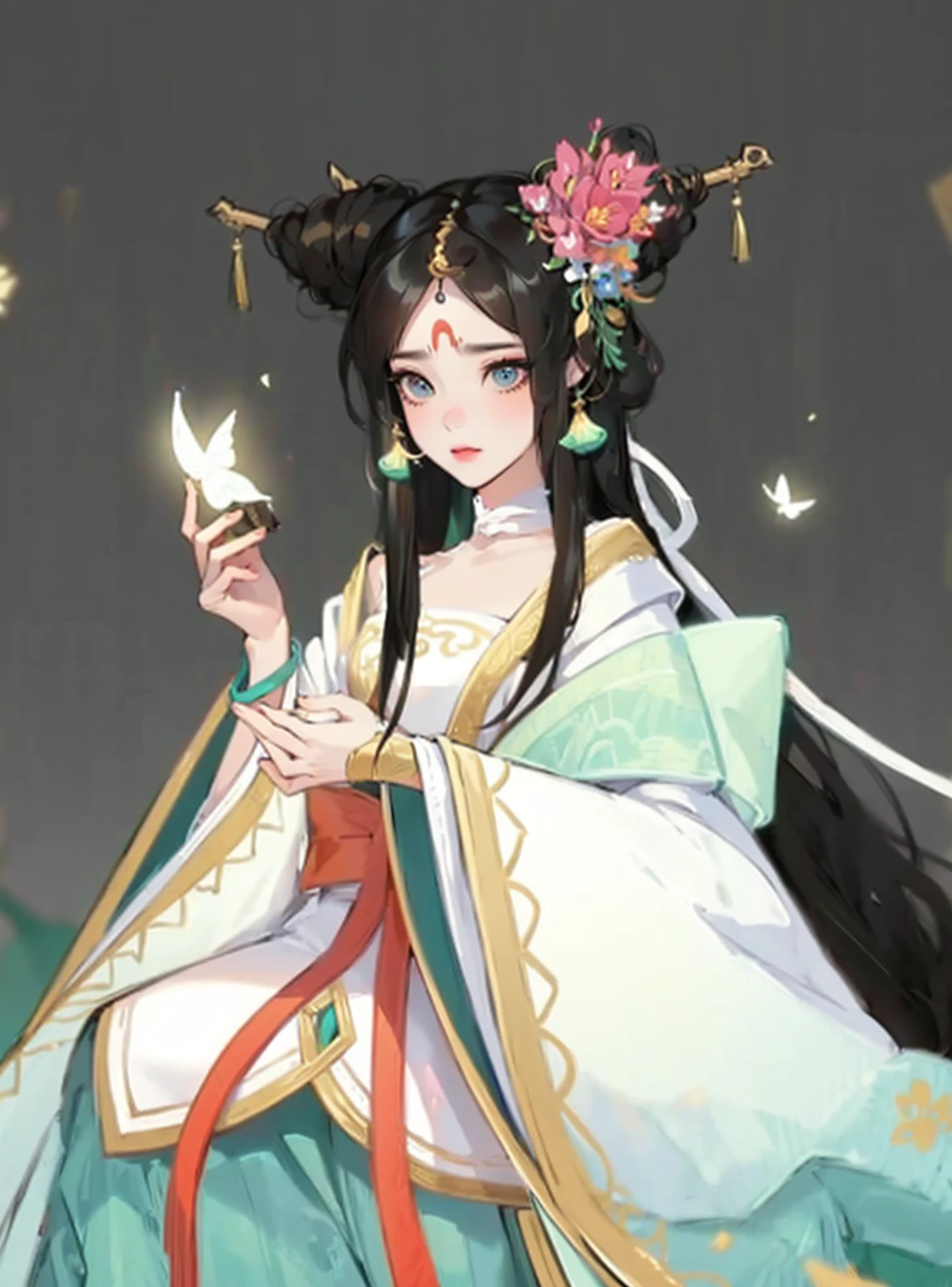Women wearing Hanfu,cartoon,Glowing Butterfly,Black long hair,Cover, Four major Chinese folk tales, White Snake, Baishaden, flat design, Vector illustration, Icon, 详细的 2d 插图, Flat illustration, Digital Illustration, The art of math,looking up the camera, beautiful younger 16years girl, The Chang'e Fairy, with a gold headpin, a pretty face, a long, light dark green dress, and a fairy-like air, immortal and full of mystery, immortal, Ink and watercolour character style, flat drawing, meticulous details, lora, details, Portrait so realistic you can almost feel the texture of her skin, Painting, Executed with oil on smooth canvas, Captured with a fine brush in every intricate detail, Realistic: 1.3, Masterpiece, Intricate Detail: 1.2, 独奏, Facial Focus, Close-up: 0.8, Ultra high resolution, correct body structure, detailed skin, half of the chibi, cyberpunk, 3d pixar animation style, Christopher Studios lighting, realistic, professional lora, in style of romantic soft focus and ethereal light, Cartoons, pixar: 2.5 style, extremely detailed cg unity 8k wallpaper, extremely detailed cg unity 8k, dramatic, intricate details, ultra realistic, best quality -, 2d, 3d, Best Quality --niji 5 --style expressive --s 180