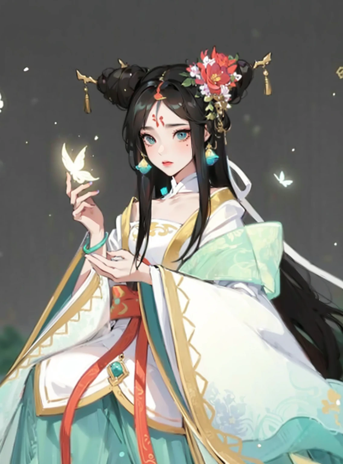 Women wearing Hanfu,cartoon,Glowing Butterfly,Black long hair,Cover, Four major Chinese folk tales, White Snake, Baishaden, flat design, Vector illustration, Icon, 详细的 2d 插图, Flat illustration, Digital Illustration, The art of math,looking up the camera, beautiful younger 16years girl, The Chang'e Fairy, with a gold headpin, a pretty face, a long, light dark green dress, and a fairy-like air, immortal and full of mystery, immortal, Ink and watercolour character style, flat drawing, meticulous details, lora, details, Portrait so realistic you can almost feel the texture of her skin, Painting, Executed with oil on smooth canvas, Captured with a fine brush in every intricate detail, Realistic: 1.3, Masterpiece, Intricate Detail: 1.2, 独奏, Facial Focus, Close-up: 0.8, Ultra high resolution, correct body structure, detailed skin, half of the chibi, cyberpunk, 3d pixar animation style, Christopher Studios lighting, realistic, professional lora, in style of romantic soft focus and ethereal light, Cartoons, pixar: 2.5 style, extremely detailed cg unity 8k wallpaper, extremely detailed cg unity 8k, dramatic, intricate details, ultra realistic, best quality -, 2d, 3d, Best Quality --niji 5 --style expressive --s 180