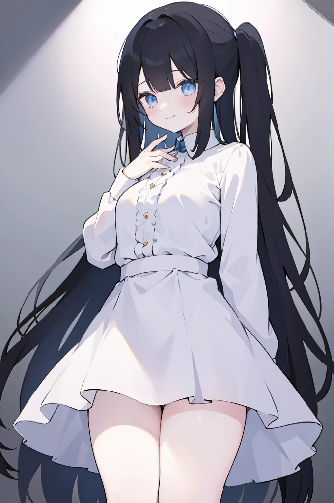 masterpiece, 8K, Super detailed, best quality, (1 girl, alone, 158cm), (Pure black long hair, Straight Hair, Air bangs), (innocent, Big blue eyes like diamonds), (Medium large, fair skin), (Wearing a simple white shirt, Black panties, Expose arms and thighs), (Has black leather collar), (Facing the audience, Stand Up Straight), (The expression looks shy, but with a smile, ), (light black background, Center the character)