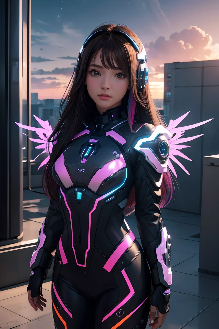 ((masterpiece, best quality, extremely detailed), volumetric lighting, ambient occlusion, colorful, glowing), 
1girl, solo, young girl, (dark hair), long hair, halo, aura, sacred, godness, cyber suit, (random-colored outfit:1.3), android, bot, cybernetic wings,
outdoors, sunset, sky, clouds, space, (cyberpunk theme:1.2),