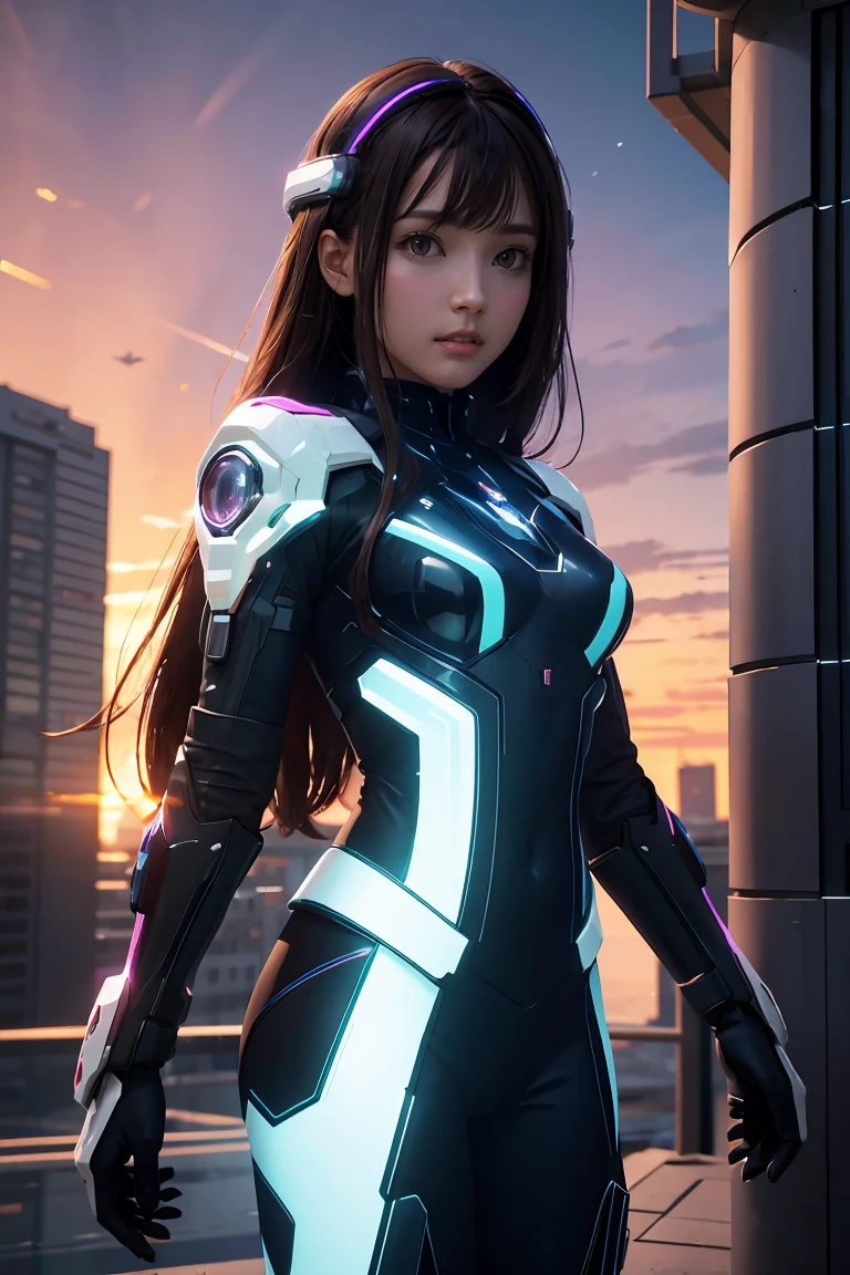 ((masterpiece, best quality, extremely detailed), volumetric lighting, ambient occlusion, colorful, glowing), 
1girl, solo, young girl, (dark hair), long hair, halo, aura, sacred, godness, cyber suit, (random-colored outfit:1.3), android, bot, cybernetic wings,
outdoors, sunset, sky, clouds, space, (cyberpunk theme:1.2),