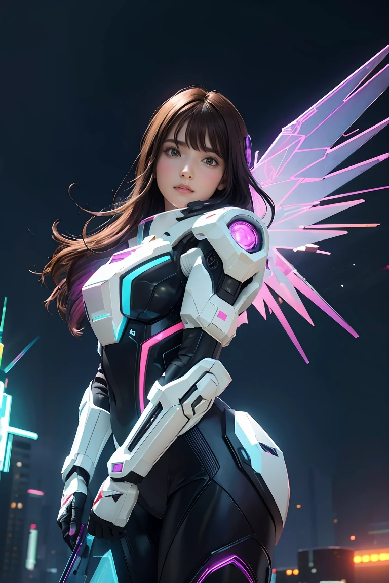 ((masterpiece, best quality, extremely detailed), volumetric lighting, ambient occlusion, colorful, glowing), 
1girl, solo, young girl, (dark hair), long hair, halo, aura, sacred, godness, cyber suit, (random-colored outfit:1.3), android, bot, cybernetic wings,
outdoors, sunset, sky, clouds, space, (cyberpunk theme:1.2),