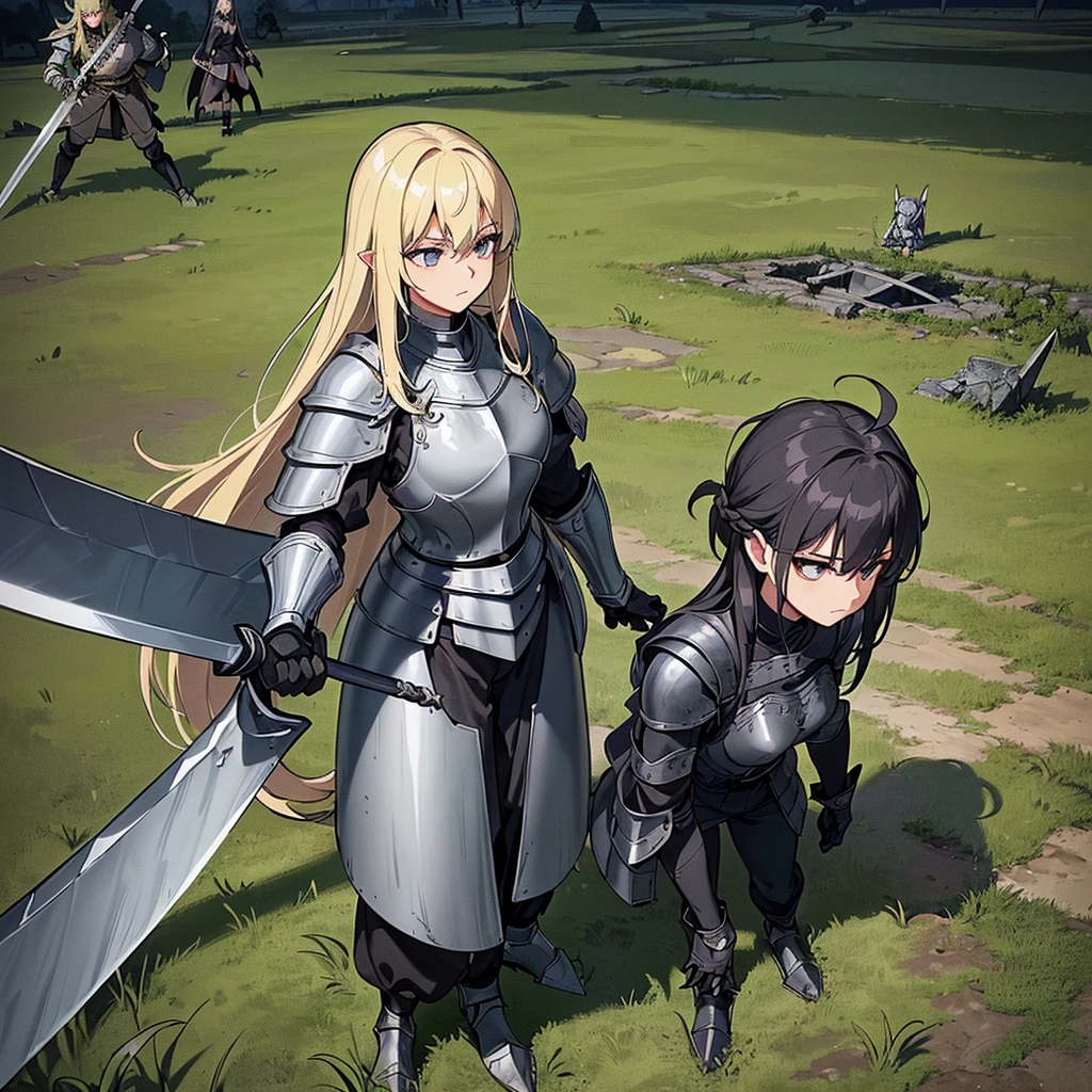 Best illustrations、Best Quality、(Full body character concept、detailed)、(((Simple grey armor、Black trousers、Black gloves、woman、18-year-old、Blonde、Long Hair)))、(((Grab the sword、Get Ready)))、(From above)、(Old ruins、Grass)、Fall to the floor、(Black, muddy swamp)、(10 medieval knights)、anxiety、impatience