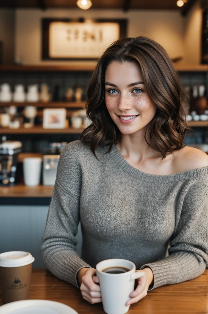 1woman in, age30, Solo, Aesthetic artwork, Irish brunette, wavy brown hair, shoulder length brown hair, gray eyes, light grey eyes, some small freckles, pale skin, F-cup, medium sized breasts, sweater, cleavage, pale, hard shadows, nice body, detailed skin texture, sitting in a coffee shop, next to a table with coffee cups, smiling, cozy vibes, winter vibes, low lighting, people behind watching, (extremely detailed 8k wallpaper), soft lighting, high quality, film grain, Fujifilm XT3 sharp focus, f 5.6, 50mm, High Detail, Sharp focus, (natural light), beautiful body, crazy details, complex details, hyper detailed, sfw