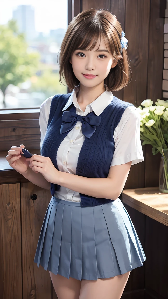 (masterpiece:1.2, best quality), (Practical, photoPractical:1.4), Fine quality illustrations, (Natural side light, light), Writing border depth,
Looking at the audience, Front view, 1 girl, English, High school girl, 20 years old, Perfect face, Cute symmetrical face, Glowing skin, Open your legs,
(Bob Hairstyle:1.7,Blonde), Asymmetrical bangs, big eyes, Drooping eyes, Long eyelashes chest), Thin,
Beautiful hair, Pretty Face, beautiful eyes, Beautiful clavicle, Beautiful Body, Beautiful breasts, Beautiful thighs, Beautiful Feet, Beautiful fingers,
((Fine fabric texture, Brown knitted vest, Short sleeve white collar shirt, Navy blue pleated skirt, Navy bow tie)),
(Beautiful scenery), night, (Flower shop interior), Standing, (Smile, superior, open mouth), (((Skirt lift, No, Visible genitals))), full-body shot, Dark blue socks, Sexy face, Inverted Nipple,