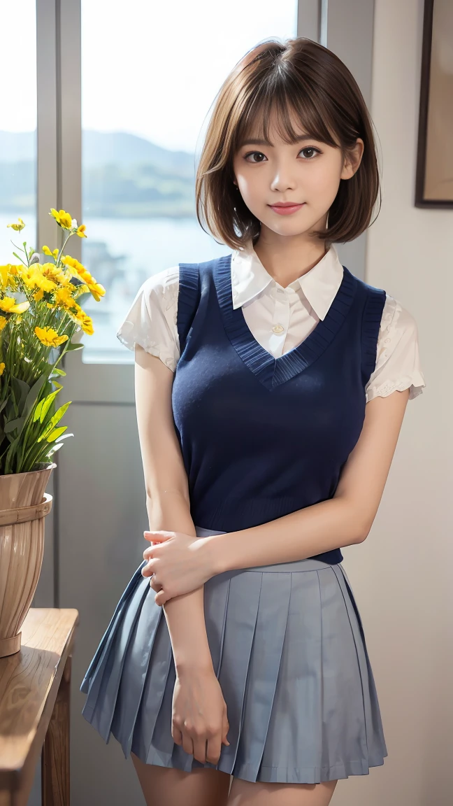 (masterpiece:1.2, highest quality), (Realistic, photoRealistic:1.4), Beautiful illustrations, (Natural Side Lighting, Cinema Lighting), Written boundary depth,
Looking at the audience, Front view, 1 girl, English, high school girl, 20-year-old, Perfect Face, Symmetrical cute face, Shiny skin, Leg spread,
(Bob Hair:1.7,blonde), Asymmetrical bangs, Big eyes, Droopy eyes, long eyelashes chest), thin,
Beautiful Hair, Beautiful Face, Beautiful and beautiful eyes, Beautiful clavicle, Beautiful body, Beautiful breasts, Beautiful thighs, Beautiful legs, Beautiful fingers,
((High-quality fabric, Brown knitted vest, Short sleeve white collar shirt, Navy Pleated Skirt, Navy bow tie)),
(Beautiful views), evening, (Inside the flower shop), Are standing, (smile, Superior, Open your mouth), (((Skirt flip, No pants, Genitals are visible))), Full Body Shot, Dark blue socks, Sexy Face,