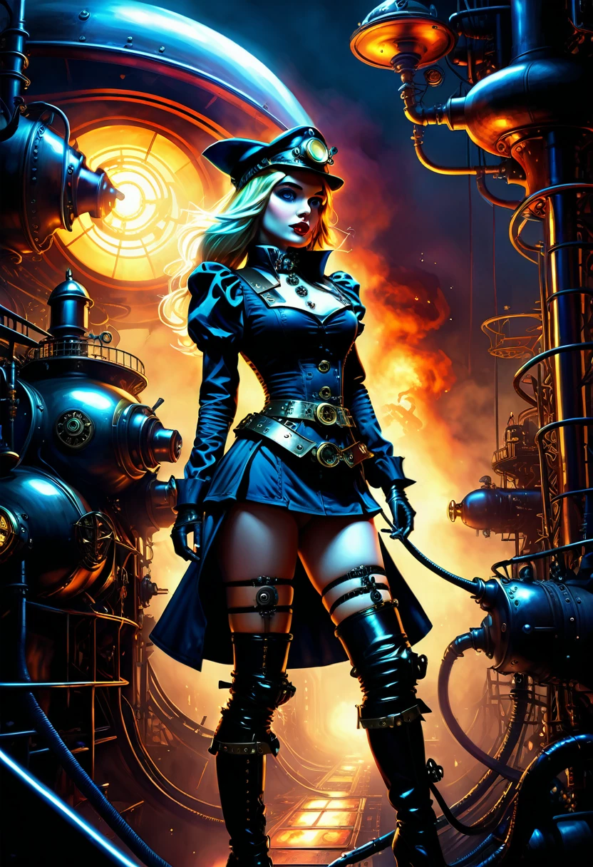 a high quality digital painting of "Alice in Infernoland" in a Dieselpunk space, featuring the scene "Break It Off" during a Bad Night, dark atmosphere, steampunk elements, futuristic setting, surreal, dramatic lighting, dynamic composition, detailed characters, sci-fi fantasy, cinematic, 4k, epic artwork