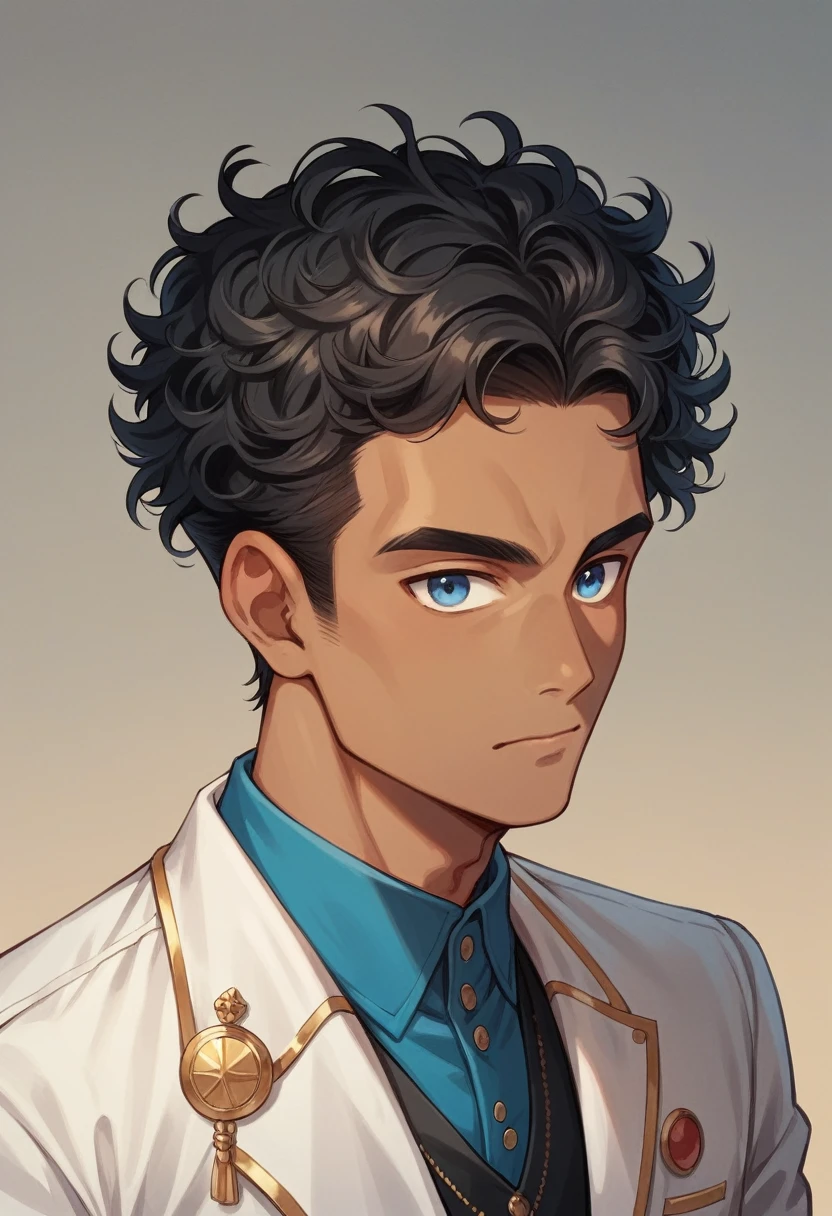 (( straight face picture )) ((best quality)), (Masterpiece)), (details), ( Beautiful colors ) ( ornamentation ) doctor doctor, young man , Tanned skin , black hair ,blue eyes ,Shoulder-length hair ,Slightly curly hair , open forehead ,