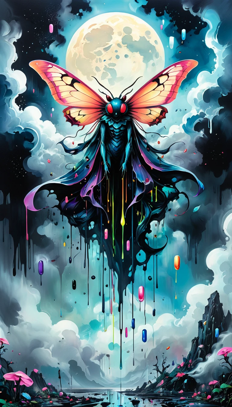 high resolution, high quality , masterpiece .Surrealist ink painting，Colorful, Elements of absurdity and depravity,Ross Chen (ross tran) style of，以燃烧的纸币For reference，Robbie Dewi Antono (Roby Dwi Antono) For reference, ,Moth,Target, mistake, Ghostly Entity Rises Into Neo-Traditional Ink-Dripping Sky, The chiaroscuro lighting enhances the symbolism of death,pill, A moon adorned with eyes that exude breath,Atmosphere. Dark horror style, Disturbing, Crazy Art Conspiracy,inauspicious.