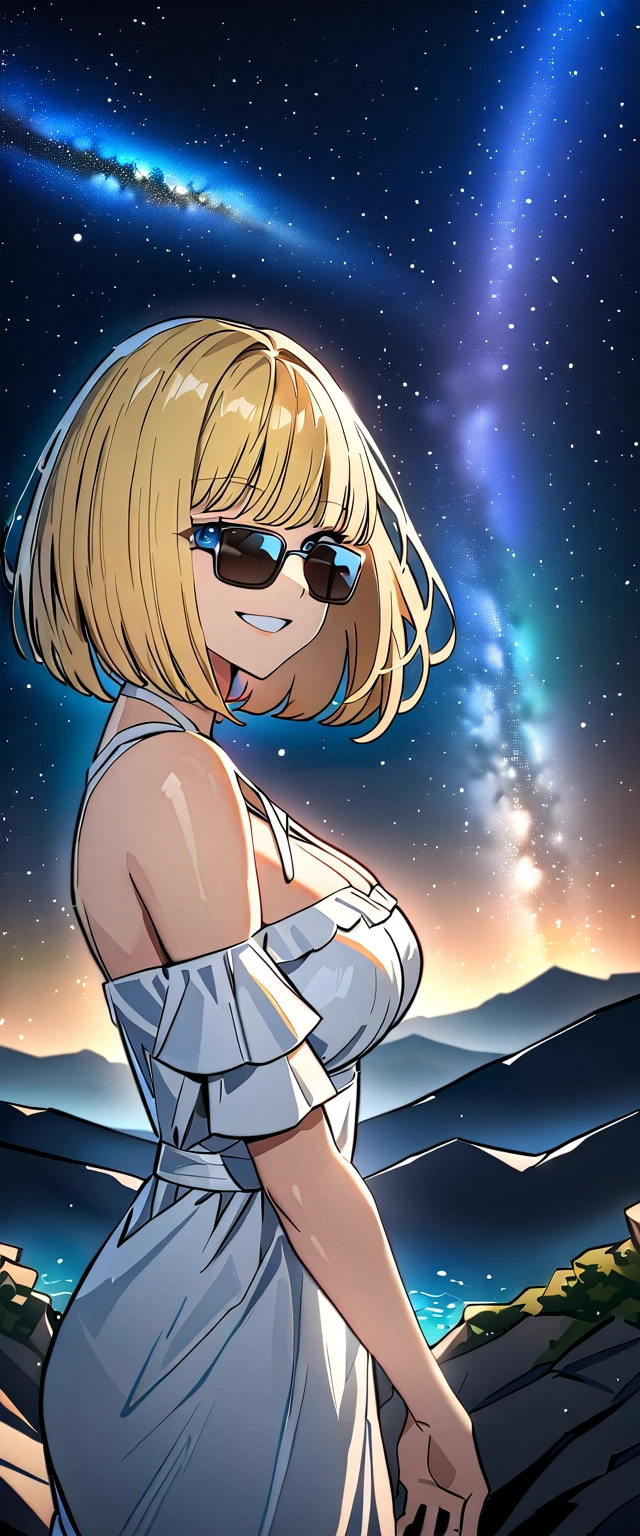 ((grin)), 風が強い, ((off-shoulder dress:1.3, criss-cross halter)), ((white sundress)), ((cleavage)), ((blond hair, bob cut:1.3)), ((sunglasses, hand to sunglasses)), (((from side))), ((((upper body)))), bare legs, (()), (((a beautiful starry sky, the Milky Way shining beautifully in the night))), ((standing on the very high cliff)), wavy hair, inward curled hair, ((sea, nature)), breasts, teenager, (looking at viewer), puffy long sleeves, collarbone, head tilt:1.3, (((blue eyes))), happy smile, (((anime style))), (best quality, 4K, 8K, highres, masterpiece:1.2, ultra-detailed, ultra-detailed eyes, HDR, uhd, studio lighting, ultra-fine painting, sharp focus, physically-based rendering, extreme detail description, professional, vivid colors, bokeh)