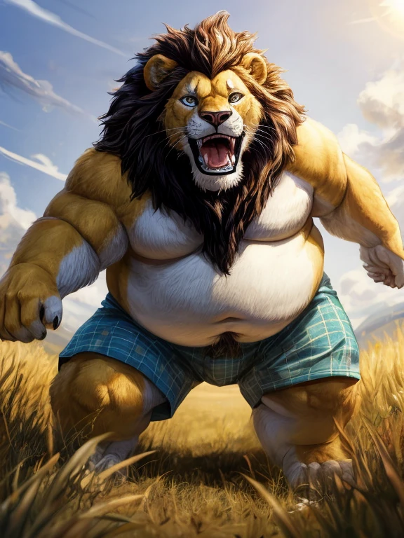 cute, (Obese, Overweight male, anthro, lion), (detailed eyes, detailed mouth), bright lighting, background effects, perfect face, centered, approaching perfection, dynamic, highly detailed, sharp focus, intricate details, field, blue and white striped boxers