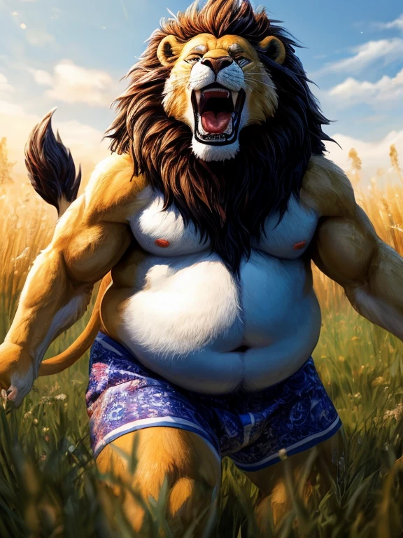 cute, (Obese, Overweight male, anthro, lion),  (detailed eyes, detailed mouth), bright lighting, background effects, perfect face, centered, approaching perfection, dynamic, highly detailed, sharp focus, intricate details, field, blue and white striped boxers
