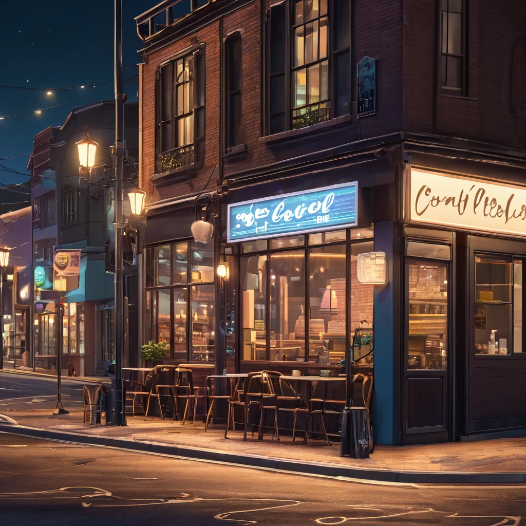 Generate an image of a deserted street at night with a lofi aesthetic coffee shop, highlighting the illuminated sign and the lamp posts in the background.