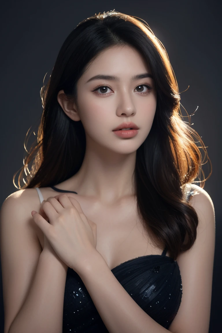 navy blue background, (best quality,4k,8k,highres,masterpiece,ultra-detailed), elegant portrait, beautiful detailed eyes, beautiful detailed lips, photography ,low lightning, portrait ,black hair, natural long hair, 28 years old, full dress, closed mouth, no teeth showing, real textured skin, body facing camera, showing hands, perfect hands, dark photo, far view, pakaian tertutup