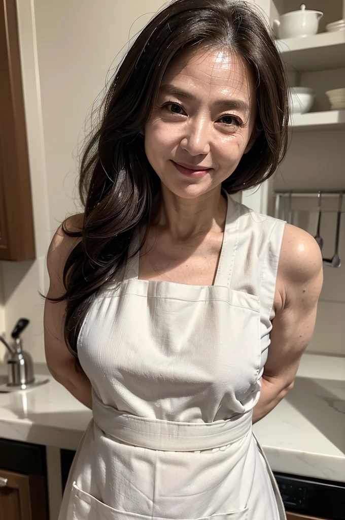 (masterpiece:1.4),(Female, 58 years old:1.5),(Facial wrinkles:1.2), (Long Hair : 1), A kind smile,Maternal, Mature Woman, (White apron : 1.3), (Sleeveless uniform : 1.2), Acne, Skin blemishes, spot,(Plump arms : 1.3), kitchen