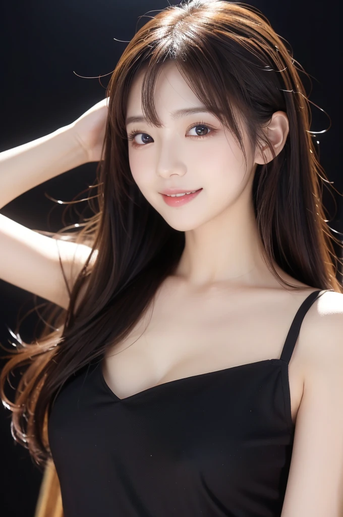 Image resolution 8K、masterpiece:1.3)、Beauty、1 female、(魅力的なBody Type:1.2)、abdomen:1.1、Dark brown hairstyle:1.1、(Body Type:1.2)、Ultra-detailed face、Attractive lips、double eyelid,黄colorシルクのワンピースドレスを着用、Super realistic and super cute in every detail、Japanese、Japanese女性、20th generation(28 years old)、Smile with a beautiful smile、Hair blowing in the wind、color々Hair style、Light shining from behind、Black background、Filmed in the studio