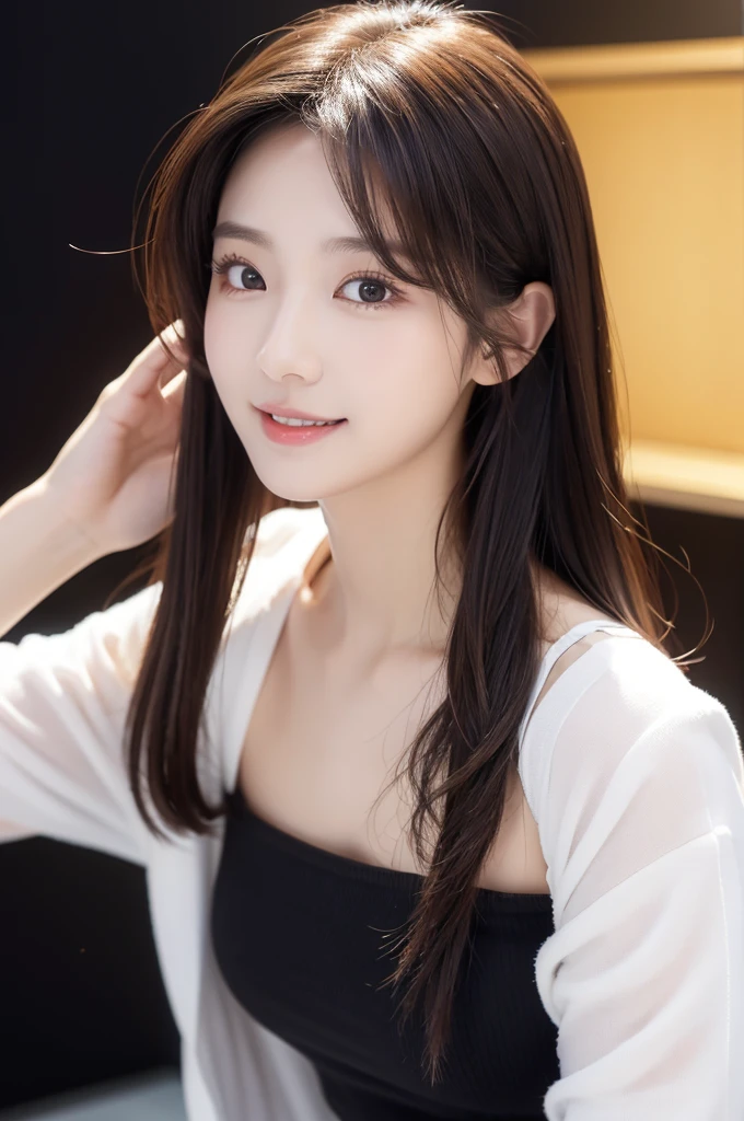 Image resolution 8K、masterpiece:1.3)、Beauty、1 female、(魅力的なBody Type:1.2)、abdomen:1.1、Dark brown hairstyle:1.1、(Body Type:1.2)、Ultra-detailed face、Attractive lips、double eyelid,黄colorシルクのワンピースドレスを着用、Super realistic and super cute in every detail、Japanese、Japanese女性、20th generation(28 years old)、Smile with a beautiful smile、Hair blowing in the wind、color々Hair style、Light shining from behind、Black background、Filmed in the studio