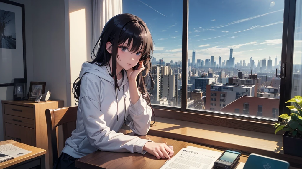 Ultra-high resolution, 8K, (Official Art, beautifully、mysterious:1.2), Anime Art Wallpaper, Works by Makoto Xin Haicheng, Lofi Art Style, Lo-fi feel, Perfect human body composition, Perfect skeleton, Impressive eyes, Oversized hoodie and short skirt, Shiny long black hair, Larger than average bust, Girl listening to music with headphones, Looking out the window, City Room, A room for music lovers, city view from the window, Impressive cityscape, Bright Sky