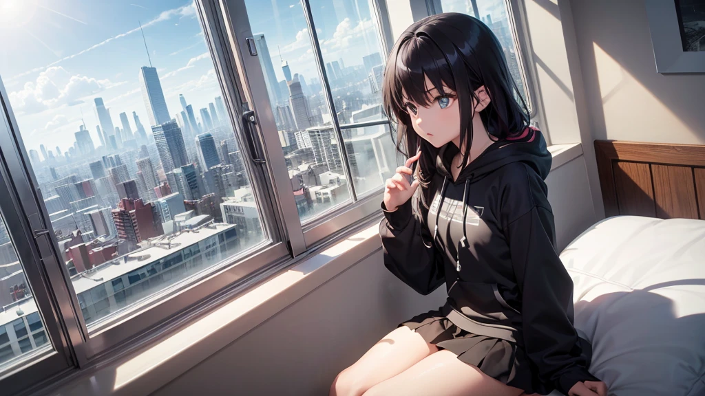 Ultra-high resolution, 8K, (Official Art, beautifully、mysterious:1.2), Anime Art Wallpaper, Works by Makoto Xin Haicheng, Lofi Art Style, Lo-fi feel, Perfect human body composition, Perfect skeleton, Impressive eyes, Oversized hoodie and short skirt, Shiny long black hair, Larger than average bust, Girl listening to music with headphones, Looking out the window, City Room, A room for music lovers, city view from the window, Impressive cityscape, Bright Sky