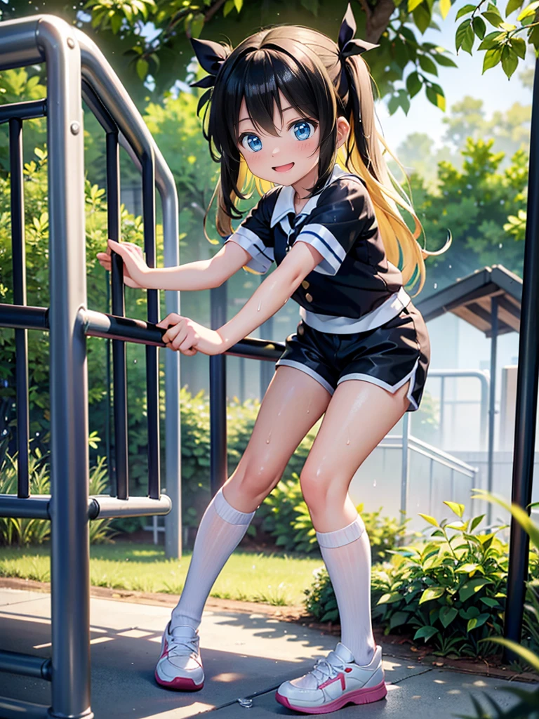 10 and 8 year old girls、blonde, Long Hair, blue eyes, Black Hair Ribbon, white shorts, spats, Happy, Hilarious, Day, outside, White shoes, flat, short, Playing on the jungle gym in the park、Wet with sweat