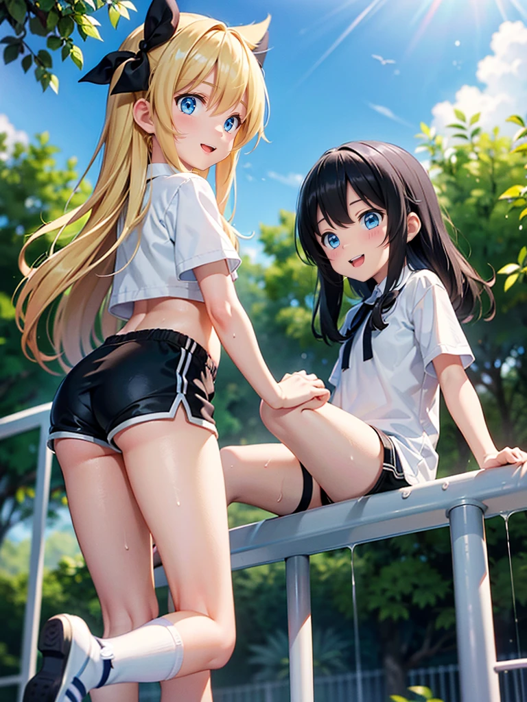  girls、blonde, Long Hair, blue eyes, Black Hair Ribbon,  white shorts, spats, Happy, Hilarious, Day, outside, White shoes, flat, short, Playing on the jungle gym in the park、Wet with sweat