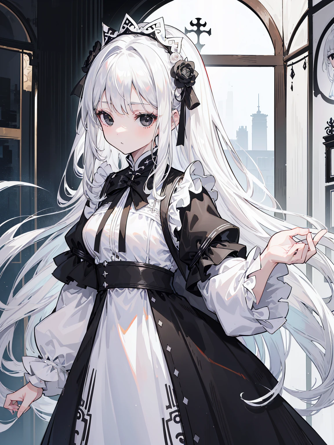(Top image quality)、(Very detailed)、(Facing forward)、Top quality、masterpiece、(((1 girl )))、Silver Hair、White hair、((Long hair))、Weaving、(black eyes:1.6)、(White and black cheongsam)、Hooded dress、Lots of decorations、Lots of ribbons、White Ribbon、She looked grim.、Fluffy loose hair、Hanfu