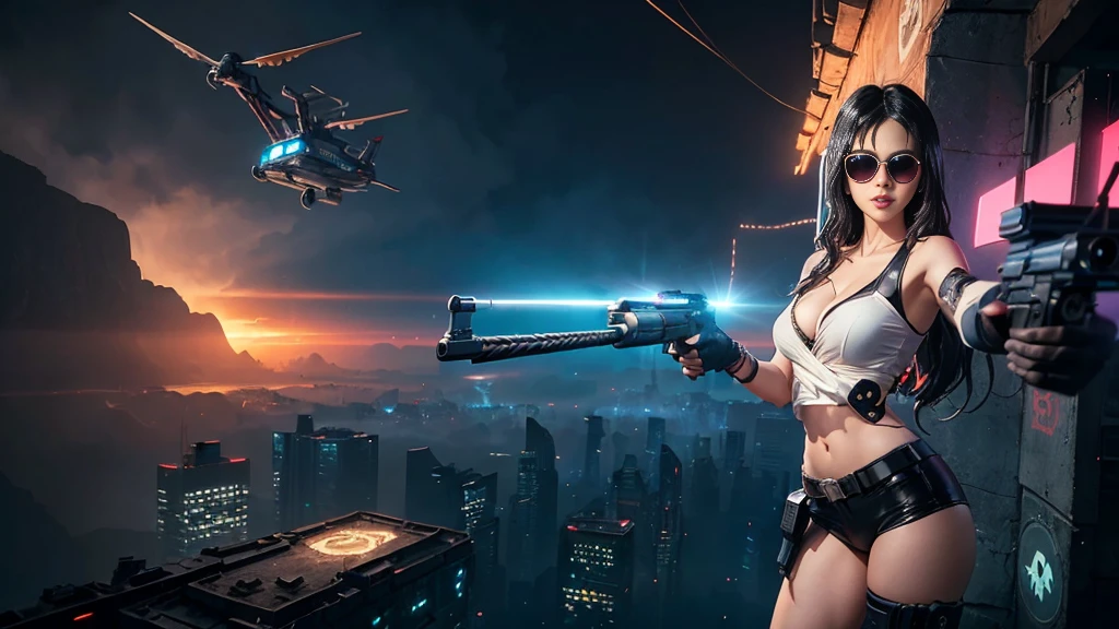 Aerial view of a futuristic city, futuristic train and buildings at dark night, future concept art, fantastic sci-fi city, utopian cities, 8k, spaceport of the future, sci-fi hollywood concept art. ((1girl, solo, alone)), large-breast:1.2 slim:0.6 body, cleavage:1.1, slim:0.8 face, pubic hair, sexy black lingerie with jacket, ((black sunglasses)), (((holding a pistol))), dynamic pose, half-body thigh level medium shot, cinematic lighting, lens flare, ray tracing.
