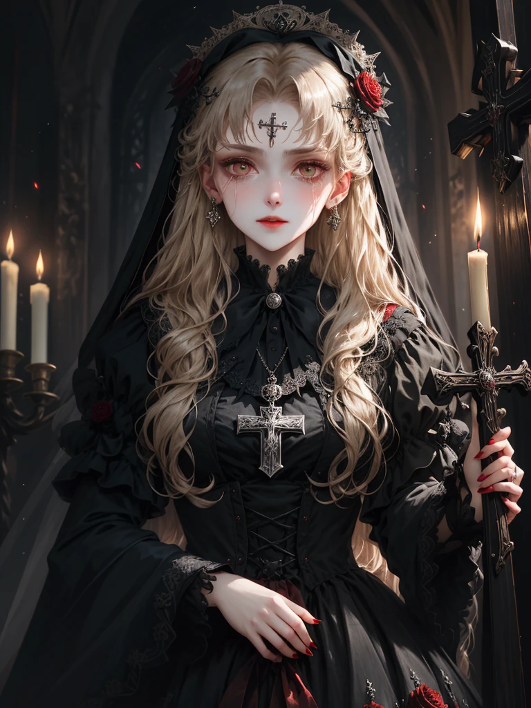 HighestQuali，tmasterpiece：1.2，Detailed details，1 Gothic girl，Crying face,Black wedding dress，Gorgeous headdress，Bust，Rose,うつむく泣き顔,伏し目がち, flower，crosses，silver ornaments、brunette color hair、redheadwear、blond hairbl、paleskin、Black lipstick and eye shadow，Accessories include the Cross Medal，pentacle，crosses，cloaks，Shawl，sexly，chies，a lit candle,Requiem,Red Rose