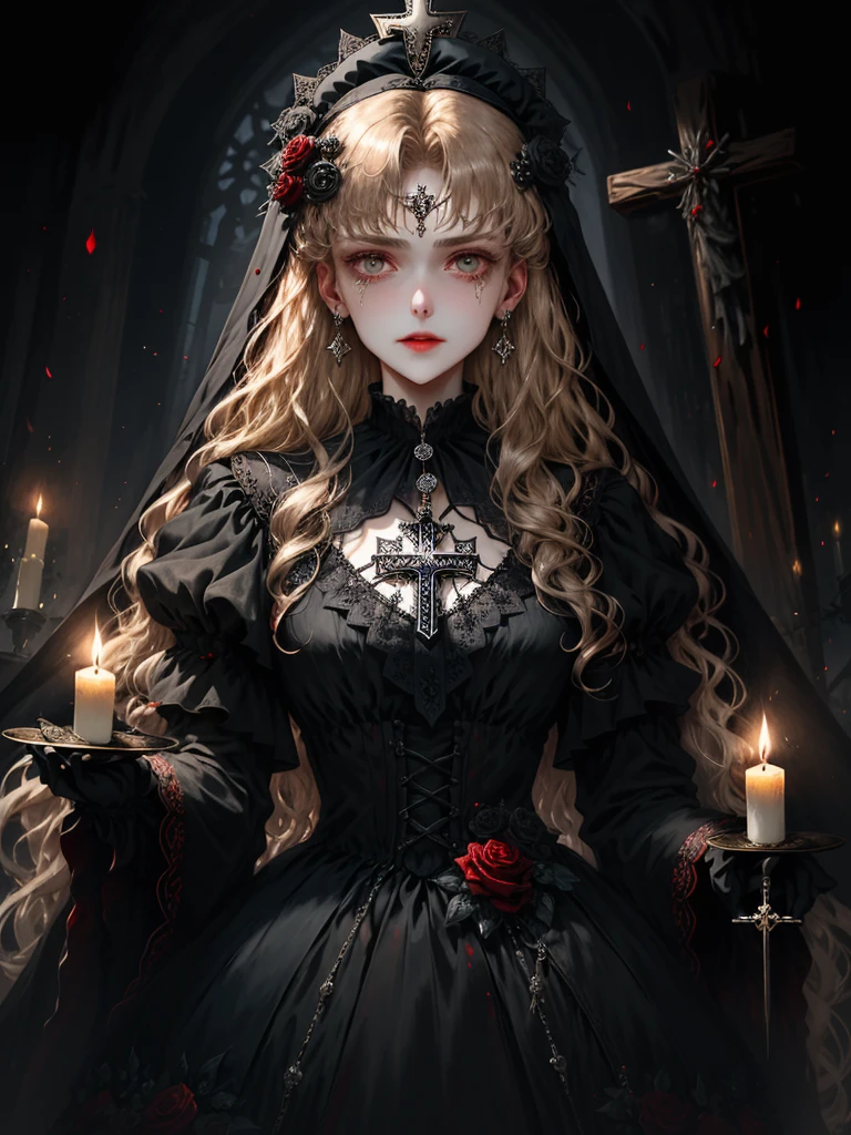 Best quality, masterpiece: 1.2, details, 1 Gothic girl, crying face, black wedding dress, gorgeous headdress, rose black hair, downcast closing, sad expression, flower, cloth, silver ornament, red headwear, paleskin, black lipstick, eyeshadow, accessories include cross medals, pentacle, cloth, cloak, shawl, sex, key, light candle, requiem, red rose.