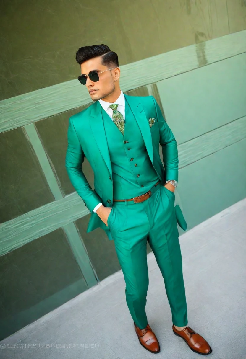 there is a man standing in front of a building wearing a green suit, wearing green suit, wearing fashion suit, green suit and bowtie, teal suit, stylish suit, wearing a stylish men's suit, wearing a colorful men's suit, wearing suit, formal attire, wearing green, with teal clothes, full body photogenic shot, formal suit, elegant suit, green clothes