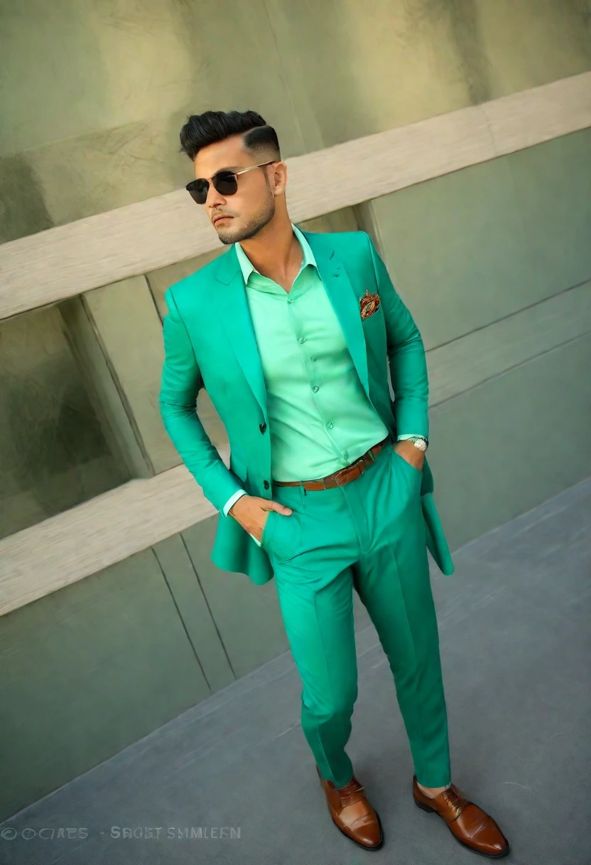 there is a man standing in front of a building wearing a green suit, wearing green suit, wearing fashion suit, green suit and bowtie, teal suit, stylish suit, wearing a stylish men's suit, wearing a colorful men's suit, wearing suit, formal attire, wearing green, with teal clothes, full body photogenic shot, formal suit, elegant suit, green clothes