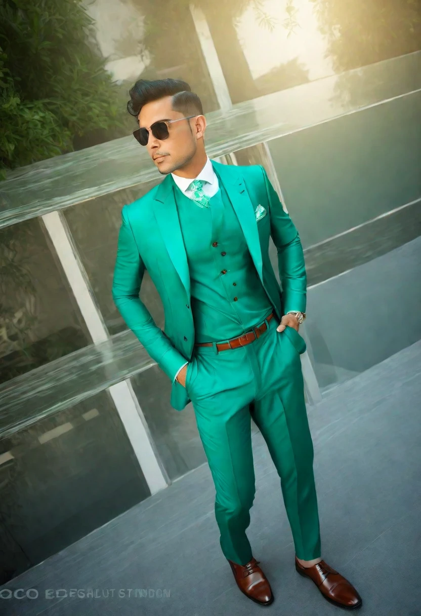 there is a man standing in front of a building wearing a green suit, wearing green suit, wearing fashion suit, green suit and bowtie, teal suit, stylish suit, wearing a stylish men's suit, wearing a colorful men's suit, wearing suit, formal attire, wearing green, with teal clothes, full body photogenic shot, formal suit, elegant suit, green clothes