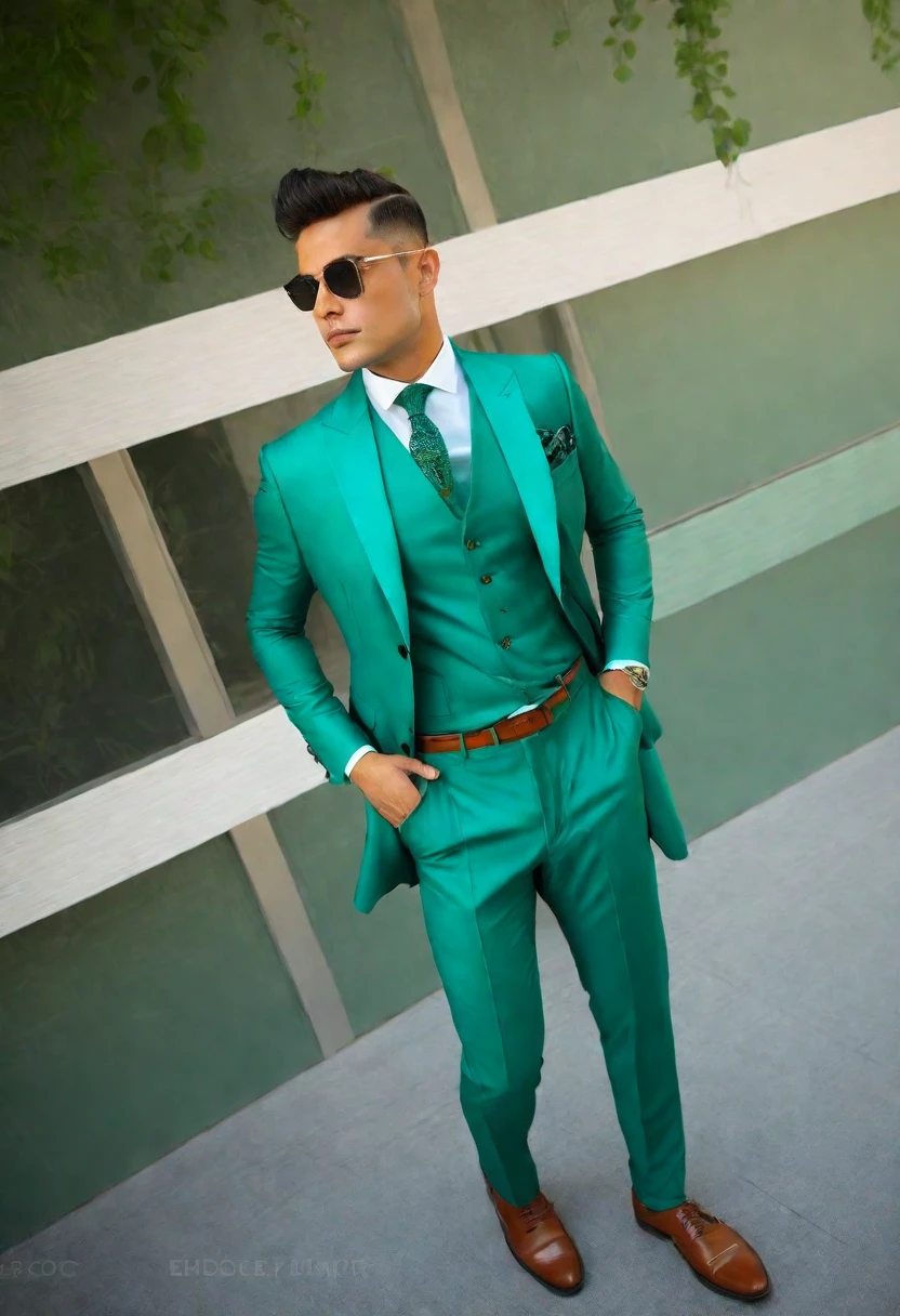 there is a man standing in front of a building wearing a green suit, wearing green suit, wearing fashion suit, green suit and bowtie, teal suit, stylish suit, wearing a stylish men's suit, wearing a colorful men's suit, wearing suit, formal attire, wearing green, with teal clothes, full body photogenic shot, formal suit, elegant suit, green clothes