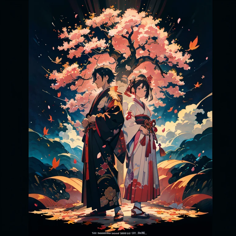 A man and a woman are posed for battle, standing back to back. She is the only one with a katana sword. kimono, 2d, ukiyoe, anime film still, anime art paper, official anime artwork, key art, key visual, anime key visual, Japanese style, traditional Japanese patterns, anime visuals, anime, very high budget anime film, official art, anime key art, The background is a collage of traditional Japanese patterns. Autumn leaves are scattered. sakura tree, Japanese traditional colors, fantasy,
#BF4186,
#2D83A6,
#DFF2E9,
#49B3BF,
#E2F2A7,