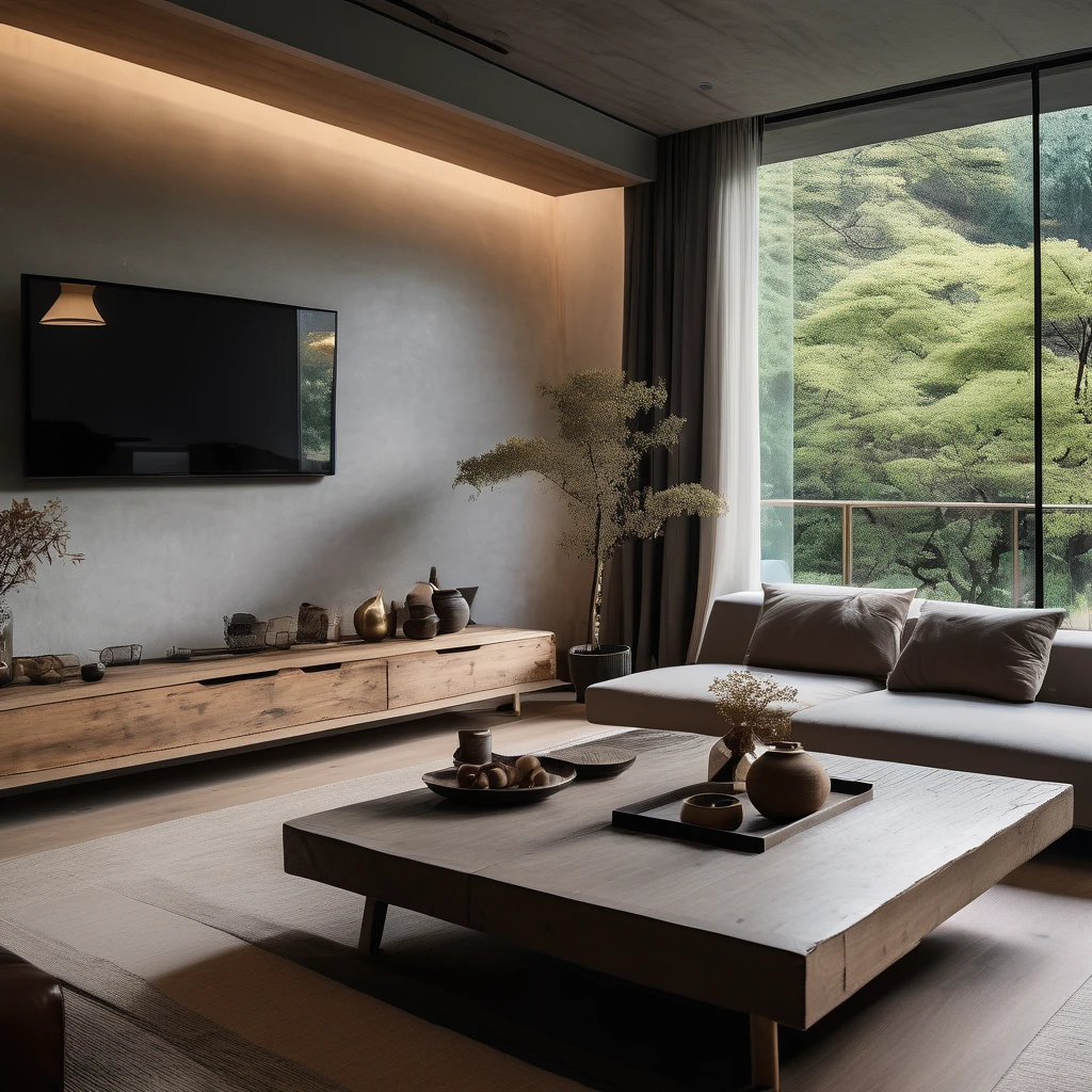 cinematic photo,mrares, ((wabi-sabi style:1.5)), (wabi-sabi_style:1.5), (Zen:1.5),(wabi-sabi elements:1.3), modern living room, simple style, living room, home, concrete plain wall, wooden floor, there is a sofa placed in the space, a projection screen facing the sofa, and a push-pull cart, wide angle,long-focus,depth of field, . 35mm photograph, film, bokeh, professional, 4k, highly detailed