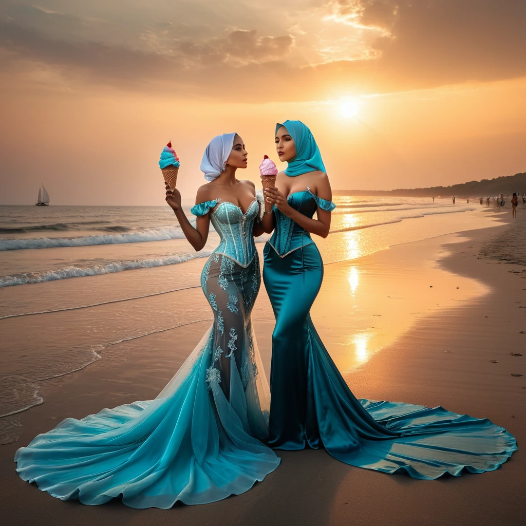 Two woman in the sheer gown, wear corset with bra expose,wearing hijab, full body,mermaid tight long gown, flowy dramatic long gown,very long flor length gown, tall women, in beach,sunset, sexy face, eat ice cream cone,sexy pose, masterpice, hyper realistic, realistic lightning