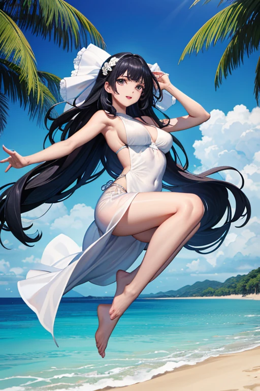 (Highest quality、masterpiece、High resolution、8K)、Vibrant colors、1 Female、Long black hair、whole body、barefoot、Slender beauty、A woman in a white gown jumps high、Official Art、The background is the sea、blue sky、Wide sandy beach、Wide forest、