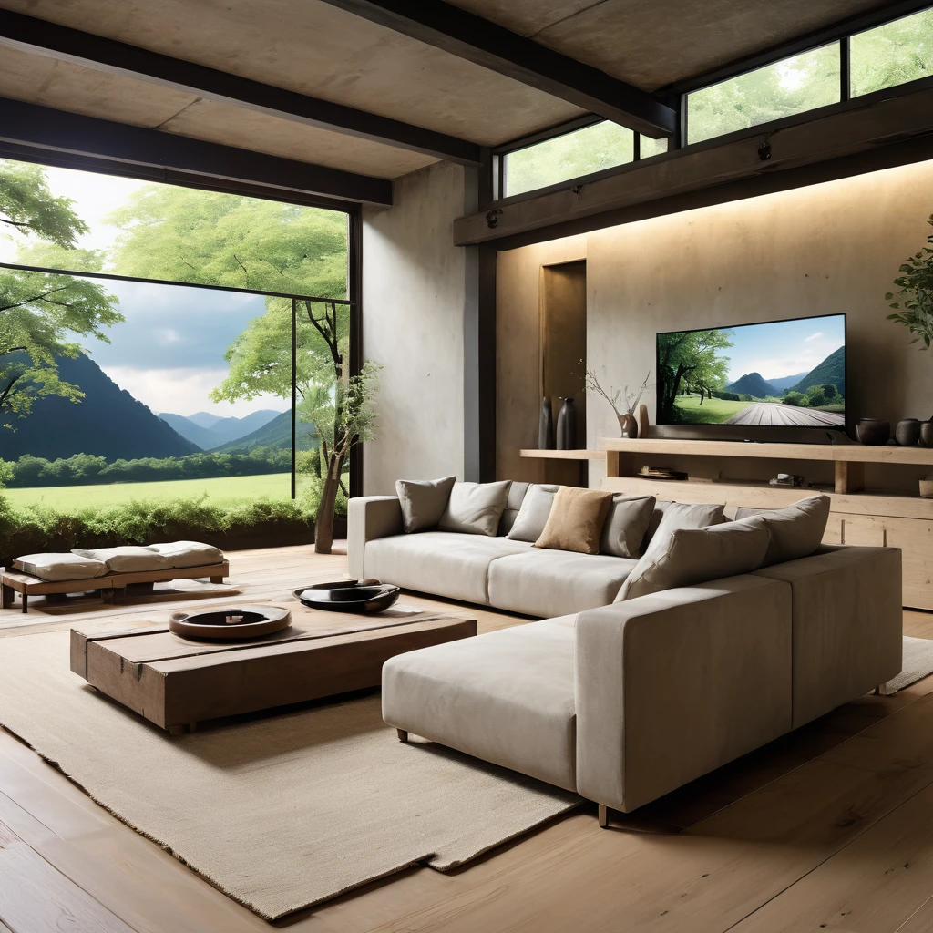 cinematic photo,mrares, ((wabi-sabi style:1.5)), (wabi-sabi_style:1.5), (Zen:1.5),(wabi-sabi elements:1.3), modern living room, simple style, living room, home, concrete plain wall, wooden floor, there is a sofa placed in the space, a projection screen facing the sofa, and a push-pull cart, wide angle,long-focus,depth of field, . 35mm photograph, film, bokeh, professional, 4k, highly detailed
